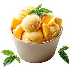 Delicious mango ice cream scoops with fresh fruit pieces and green mint leaves in a bowl isolated on transparent background