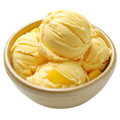 Delicious creamy yellow ice cream scoops piled high in a light colored bowl a refreshing dessert for a hot summer day isolated on transparent background