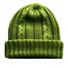 A textured ribbed knit beanie hat in a vibrant lime green color showcasing intricate yarn details and a folded brim isolated on transparent background
