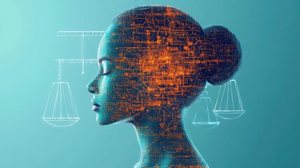 Profile of a woman's head with digital circuits and scales of justice overlayed, symbolizing AI and law.
