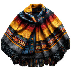 Vibrant and intricately patterned woven shawl with colorful stripes and fringe details elegantly draped and isolated on transparent background