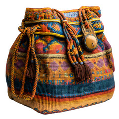 Vibrant and intricately woven mochila bag with colorful geometric patterns and a tasseled strap showcasing traditional craftsmanship isolated on transparent background