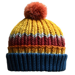 Cozy knitted winter hat with colorful stripes and a fluffy pompom on top isolated on transparent background