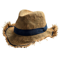 A rustic woven straw fedora hat with a dark blue ribbon band and frayed edges presented as an isolated object on a transparent background isolated on transparent background