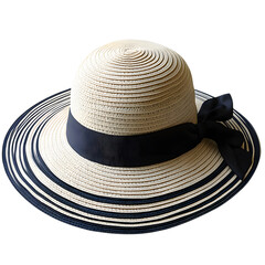 A stylish wide brimmed straw hat with a dark blue ribbon and bow perfect for summer sun protection and fashion isolated on transparent background