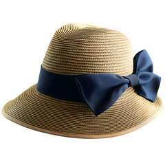 A stylish woven straw sun hat with a wide brim and a decorative dark blue ribbon bow isolated on transparent background