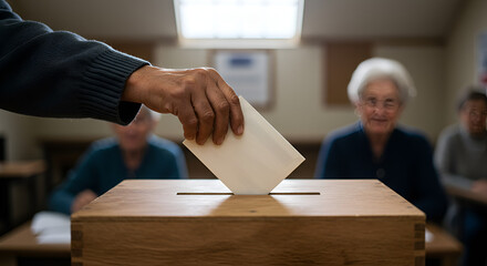 A person's hand carefully places a folded ballot into a traditional wooden box at a polling station, symbolizing the democratic process and civic engagement.