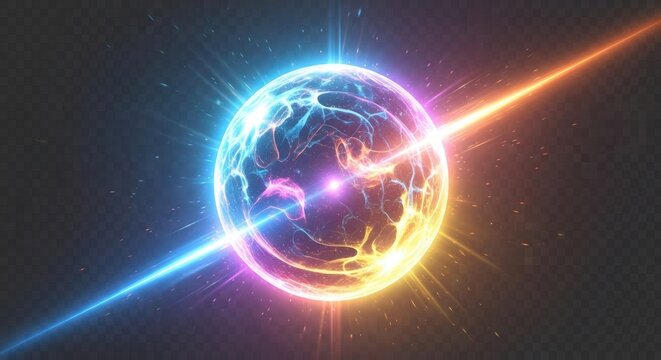 Abstract energy ball with light rays and glowing plasma effect for science and technology concepts - Powered by Adobe