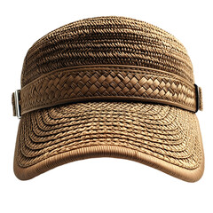 Close up of a woven straw military style cap with a braided band and metal accents isolated on transparent background