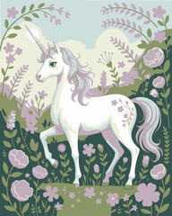 Enchanting unicorn standing gracefully among lush floral garden with pastel hues vector