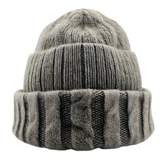 A close up detailed view of a knitted camouflage beanie hat with a ribbed texture and folded brim isolated on transparent background