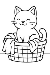Cute cartoon kitten in a basket vector illustration for a fun pet birthday card design