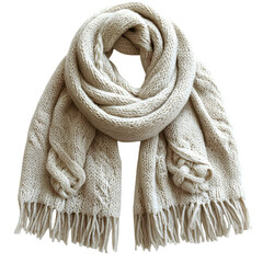 Cozy and warm chunky knit winter scarf with fringe detail in a neutral cream color isolated on transparent background