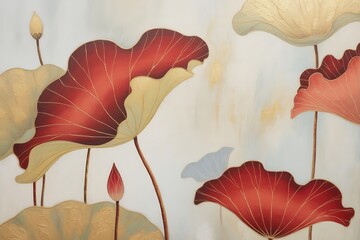 Vibrant red lotus flowers with golden leaves in a serene garden setting