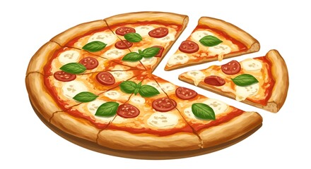 A pepperoni pizza, featuring fresh basil, with two slices removed, rendered digitally.