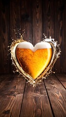 Heart-shaped beer splash on a wooden background