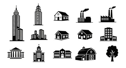 Building architecture city skyline house factory industry urban landscape vector icons set