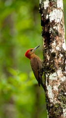 Side-profile of a woodpecker perched on a tree trunk