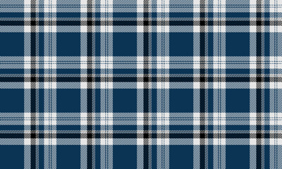 Seamless plaid fabric pattern in blue, white, and black for designing clothes, skirts, and pants. Add a cool, modern look. Easy to use for both print and digital work.