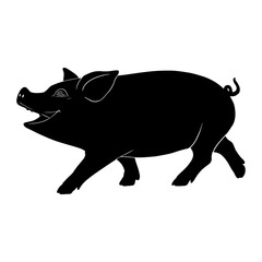 Black silhouette drawing of a pig, vector illustration, white background