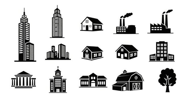 Building architecture city skyline house factory industry urban landscape vector icons set