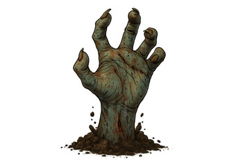 Zombie hand reaching out from grave, undead monster rising from soil for halloween horror design