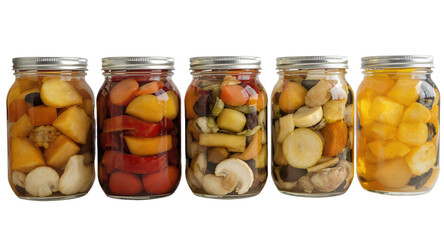 Assortment of Jarred Pickled Vegetables on White Background