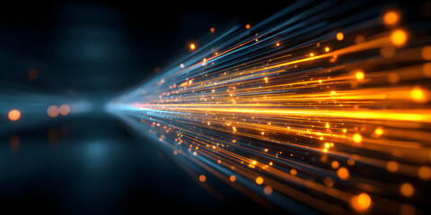 Illuminating Digital Highway: A captivating view of light streams streaking across a dark, futuristic backdrop, symbolizing data flow and technological advancement.
