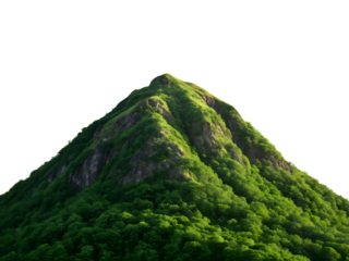 Lush green mountain peak isolated on transparent background in daylight