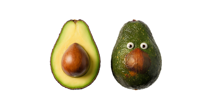 Avocado halves, one with added eyes, whimsical food photo on white background