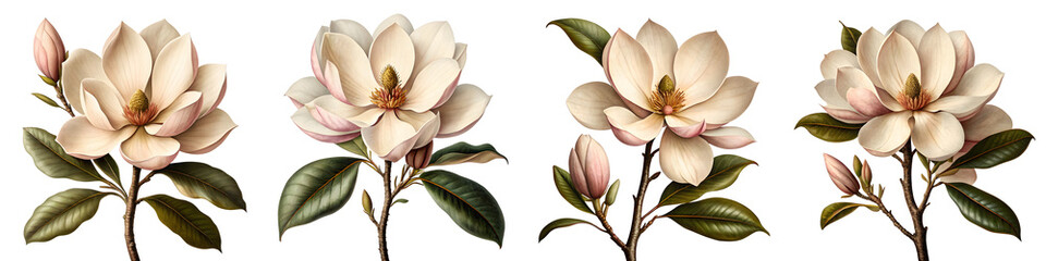 Set For elegant magnolia blossoms isolated on transparent background