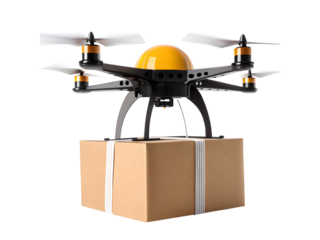 Delivery drone carrying a cardboard box isolated on transparent background