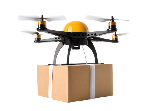 Delivery drone carrying a cardboard box isolated on transparent background