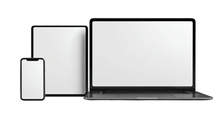 A smartphone, tablet, and laptop, each with blank white screens against a black background