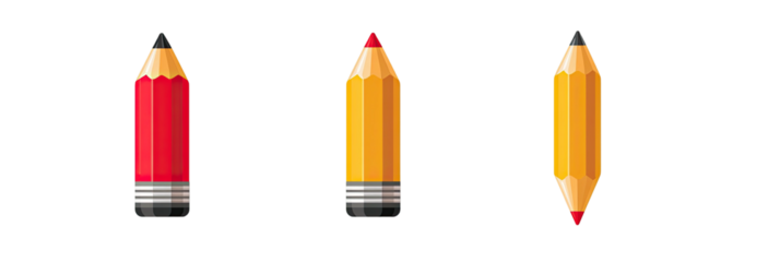 Three, differently colored, stylized drawing tools with a gray band at the bottom and black background