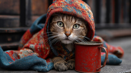 homeless kitty kat asking for charity with a red rusted mug in the street. Cute orange cat wearing a colorful knitted sweater and hat sits next to a small orange mug on a wooden surface in a cozy outd