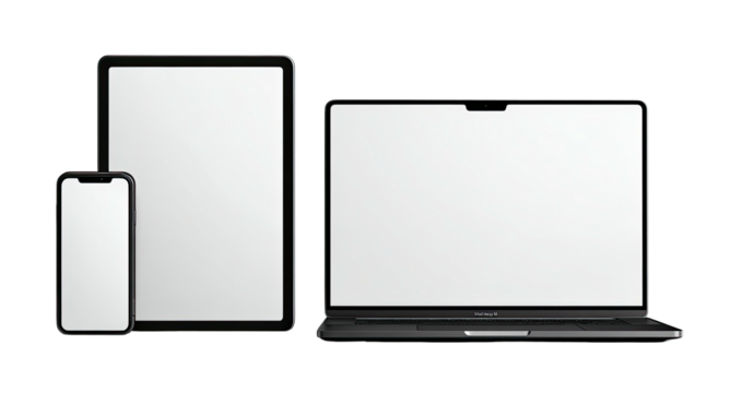 A smartphone, tablet, and laptop with blank screens, isolated on black
