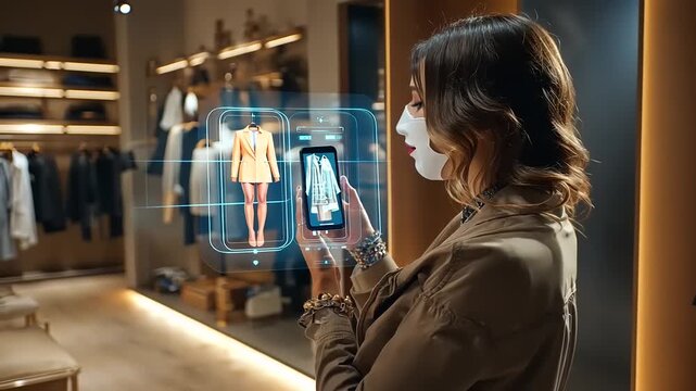 Woman using augmented reality to visualize clothing in a modern retail store with stylish outfits