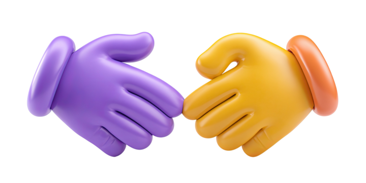 A digital rendering depicts two cartoonish hands of different colors clasping in a handshake