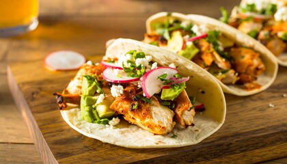 Homemade chicken tacos with fresh toppings on a board