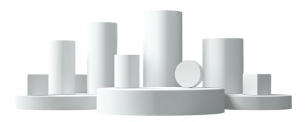 A minimalistic composition of various white geometric shapes, cylinders, cubes, and platforms, against black
