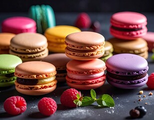 Colorful Macarons Stacked with Fresh Berries and Mint Leaves on Dark Textured Surface