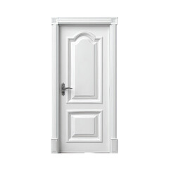 Classic, bright white, paneled interior door with silver hardware and elegant molding