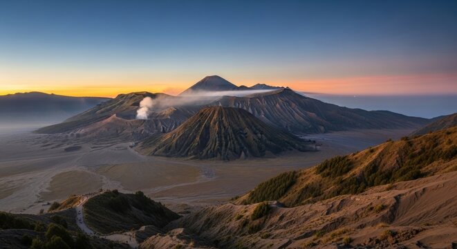 Majestic Sunrise over Mount Bromo Volcanic Complex with Steaming Crater and Golden Light in East Java, Indonesia
