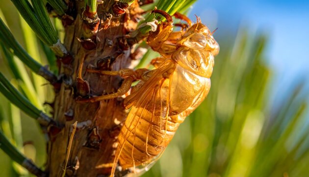 Close-up of cicada shell clinging to a pine branch
