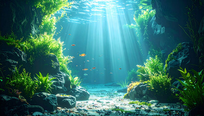 Underwater scene with sunlight filtering through, illuminating plants and fish.
