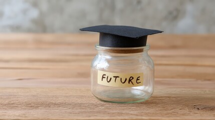 Graduation cap on savings jar labeled for future, Compound interest
