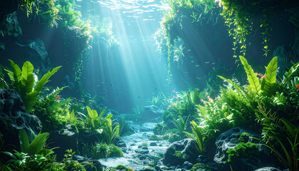 Sunlight streams into an underwater cave filled with lush green plants.