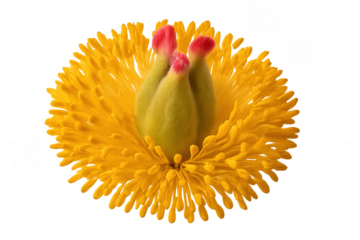 Yellow stamen and pink pistil showing macro view of flower reproductive parts and pollen, transparent background