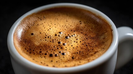 A close-up shot of a delicious espresso in a white cup, showcasing its rich crema and inviting aroma.